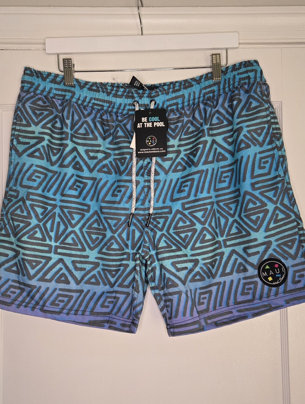 Maui and Sons Teal Blue Geometric Men’s Swim Trunks X-Large